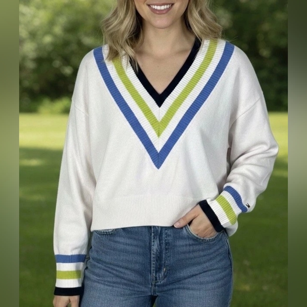 Tommy Hilfiger White V-Neck Sweater with Blue and Green Signature Stripes